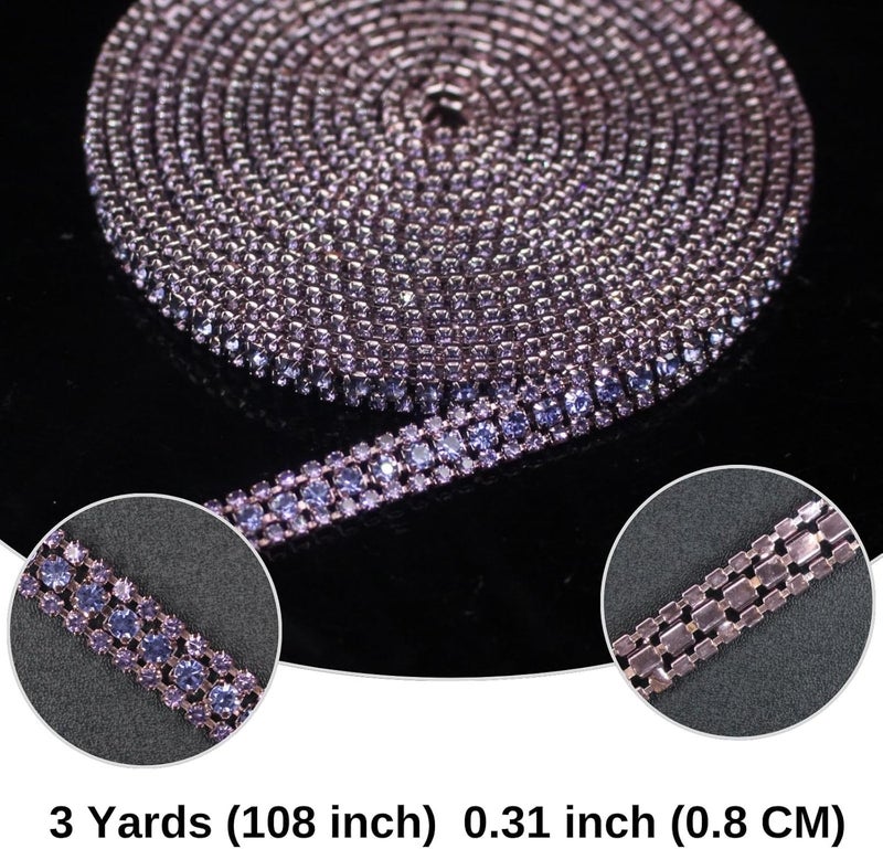 PEARLY JUN 3 Yards 3 Rows Violet Purple Rhinestone Chain Bling Crystal Trips Diamond Applique Silver Fringe Trim for Crafts Dress Applique Clothing Sewing Embellishments - Image 3